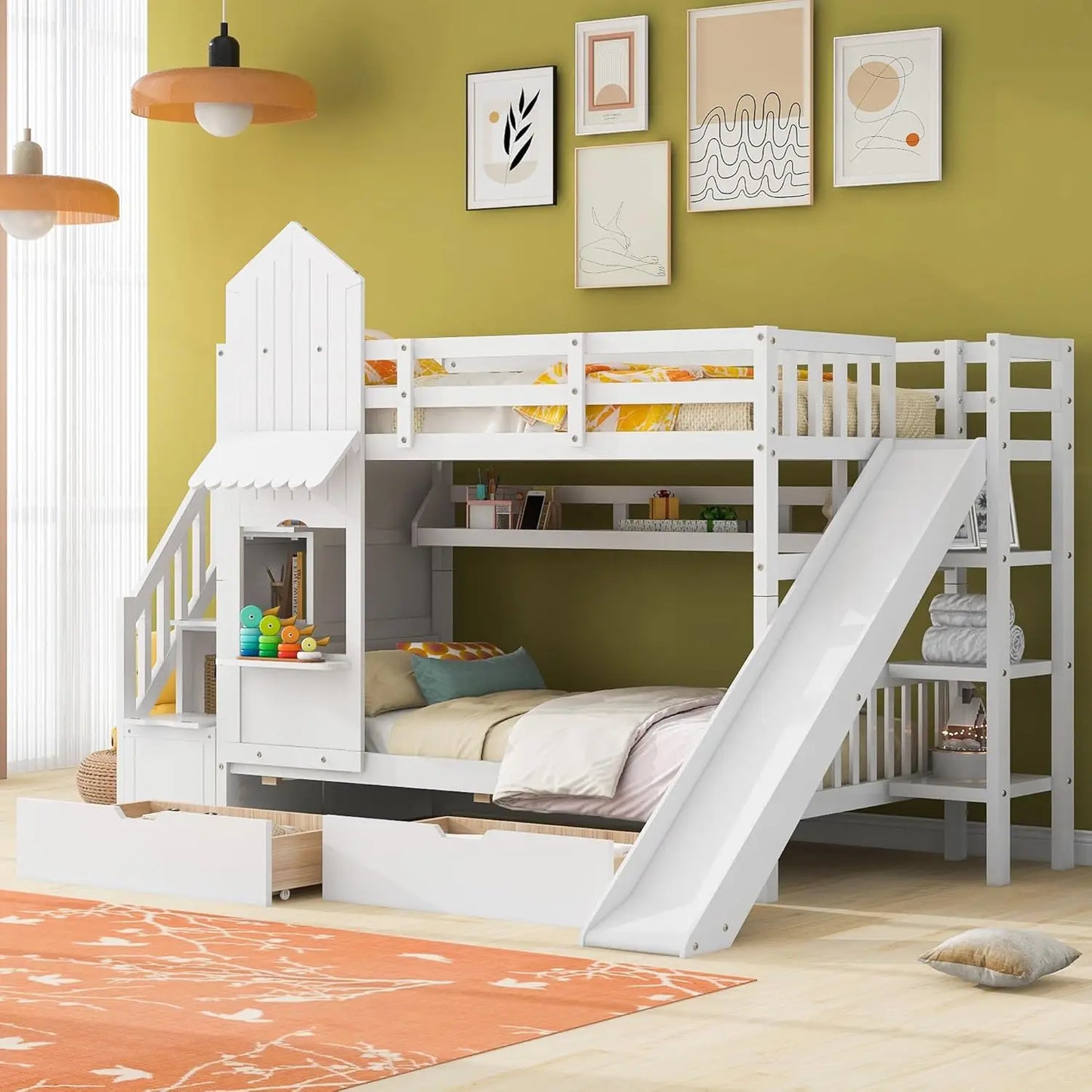 Twin Over Twin Bunk Bed with Storage and Slide Feature - Ky Ky Kiwi