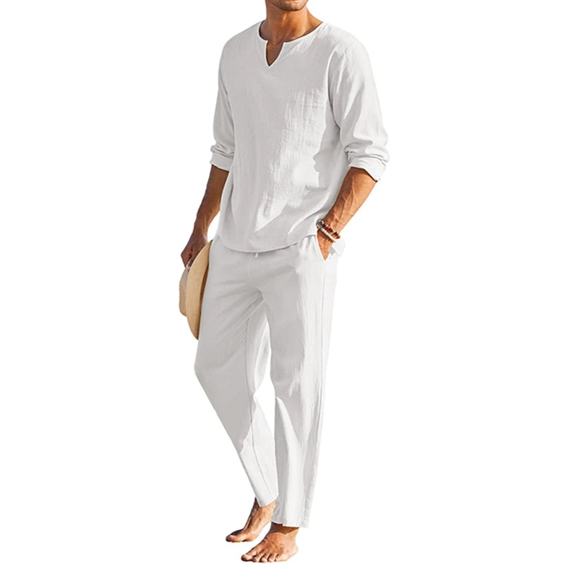 Men's Summer Cotton Linen Henley Shirt and Drawstring Pants Set - Ky Ky Kiwi