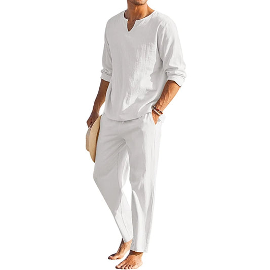 Men's Summer Cotton Linen Henley Shirt and Drawstring Pants Set - Ky Ky Kiwi