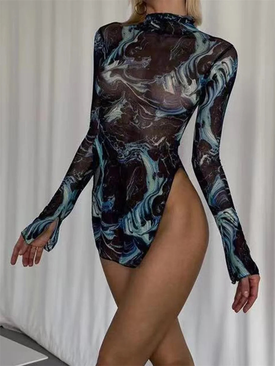 Women Tie-Dye Mesh Maxi Dress with Cut-Out Detail and Thong - Ky Ky Kiwi