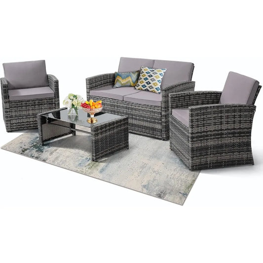 Outdoor Wicker Patio Conversation Set with Sofa and Chairs - Ky Ky Kiwi