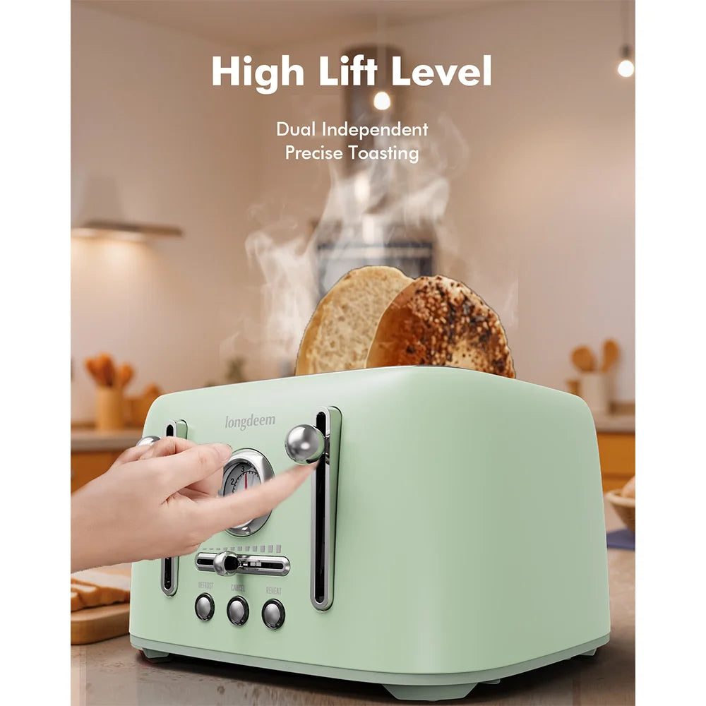 4-Slice Toaster with 1.6" Extra-Wide Slots, 6-Level Browning Control & Bagel/Defrost, Removable Crumb Tray, Auto Shutoff, Green
