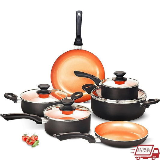 10pcs Ceramic Nonstick Cookware Set Aluminum Fry Pans Soup Pots Induction Gas Compatible Kitchen Utensils Easy Clean Cooking