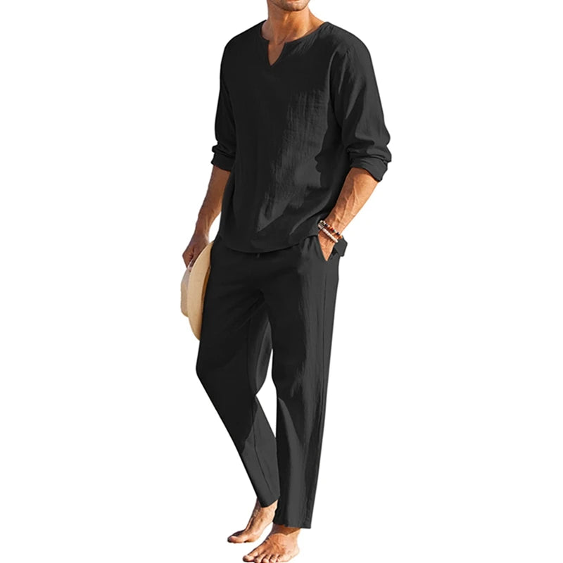 Men's Summer Cotton Linen Henley Shirt and Drawstring Pants Set - Ky Ky Kiwi