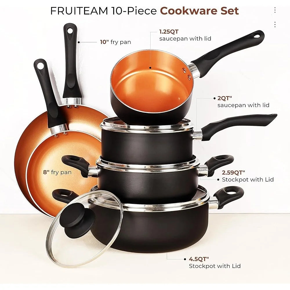10pcs Ceramic Nonstick Cookware Set Aluminum Fry Pans Soup Pots Induction Gas Compatible Kitchen Utensils Easy Clean Cooking