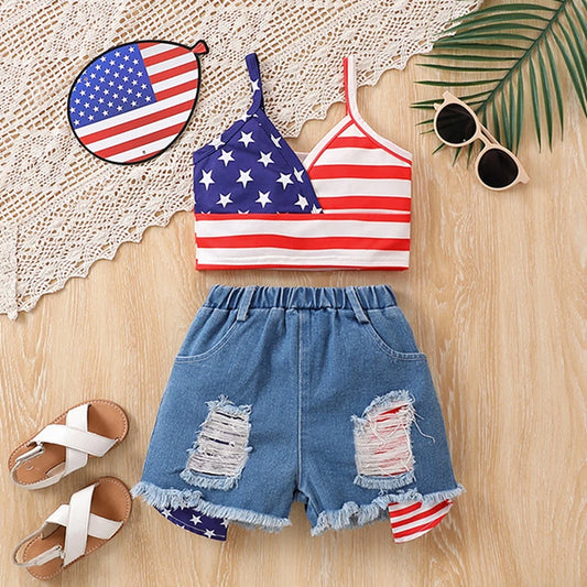 Girls American Flag Print Tank Top and Denim Shorts Set - Ky Ky Kiwi
