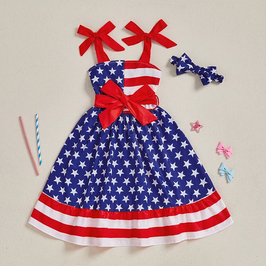 Girls American Flag Ruffle Dress with Matching Headband - Ky Ky Kiwi