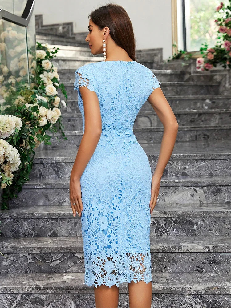 Evening Dress Lace Blue Dress Sleeveless Ruffles Hollow Out Short Mini Dress office lady Slim Party Dresses Women Evening Dress