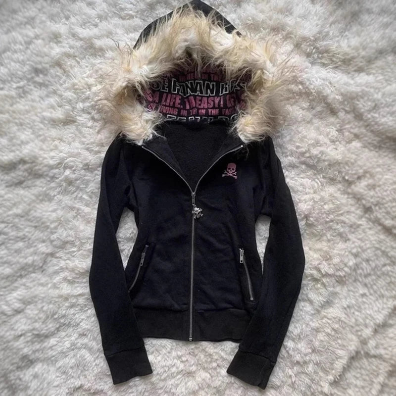 Hooded Fur Collar Long Sleeve Jacket for Trendy Style - Ky Ky Kiwi