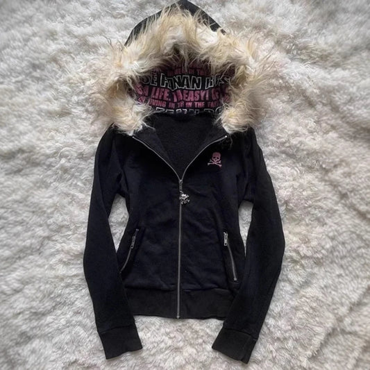 Hooded Fur Collar Long Sleeve Jacket for Trendy Style - Ky Ky Kiwi