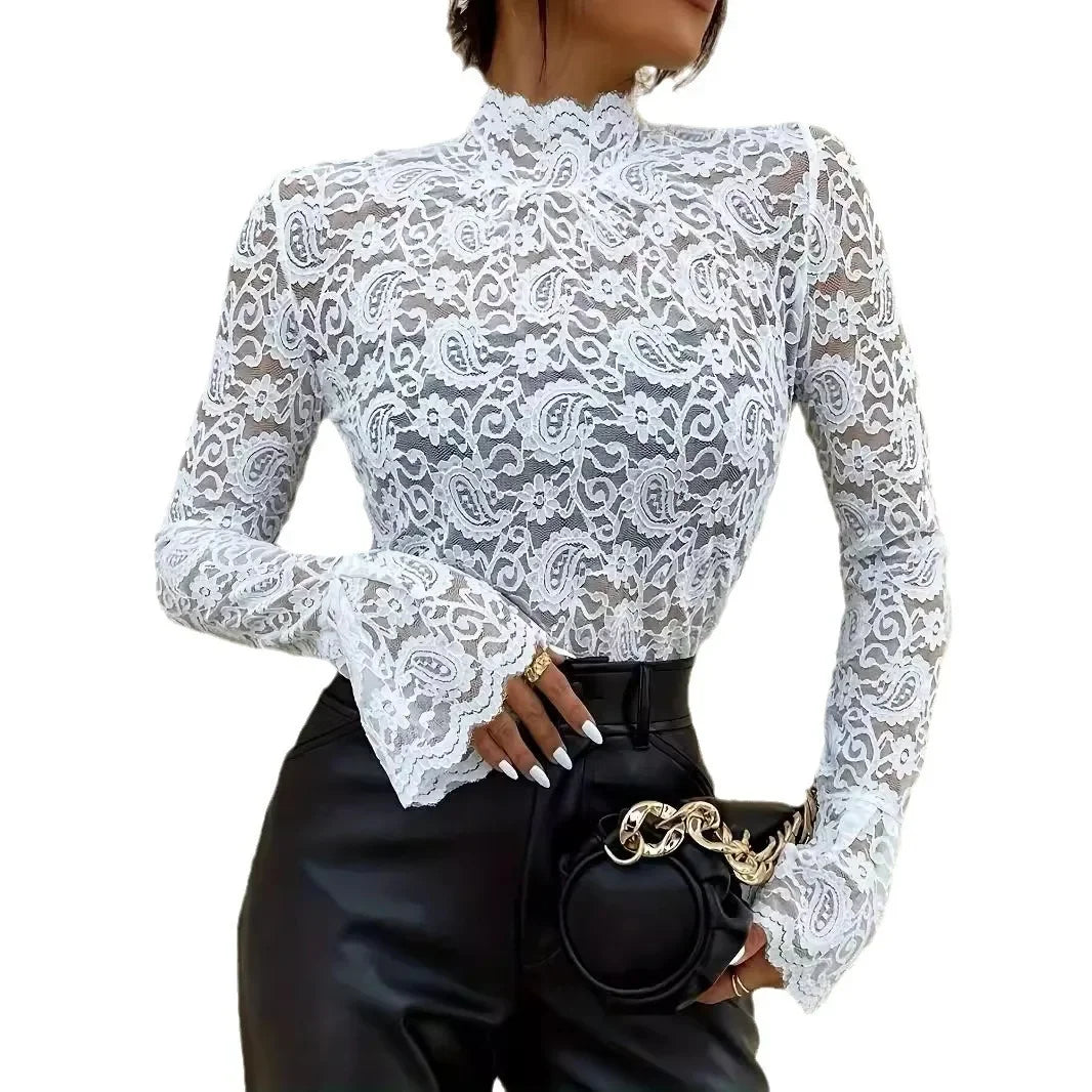Floral Lace Silk Top with Flared Sleeves for Women - Ky Ky Kiwi