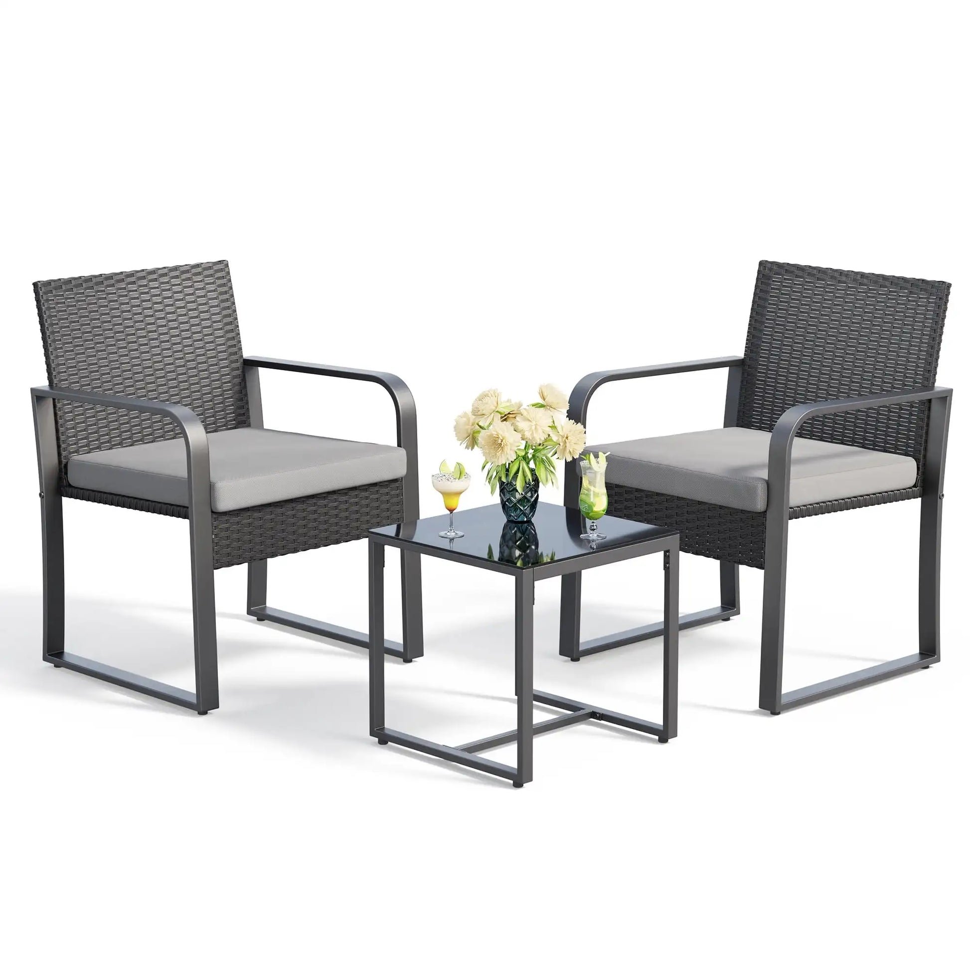 Outdoor Rattan Patio Chairs Set with Glass Coffee Table - Ky Ky Kiwi