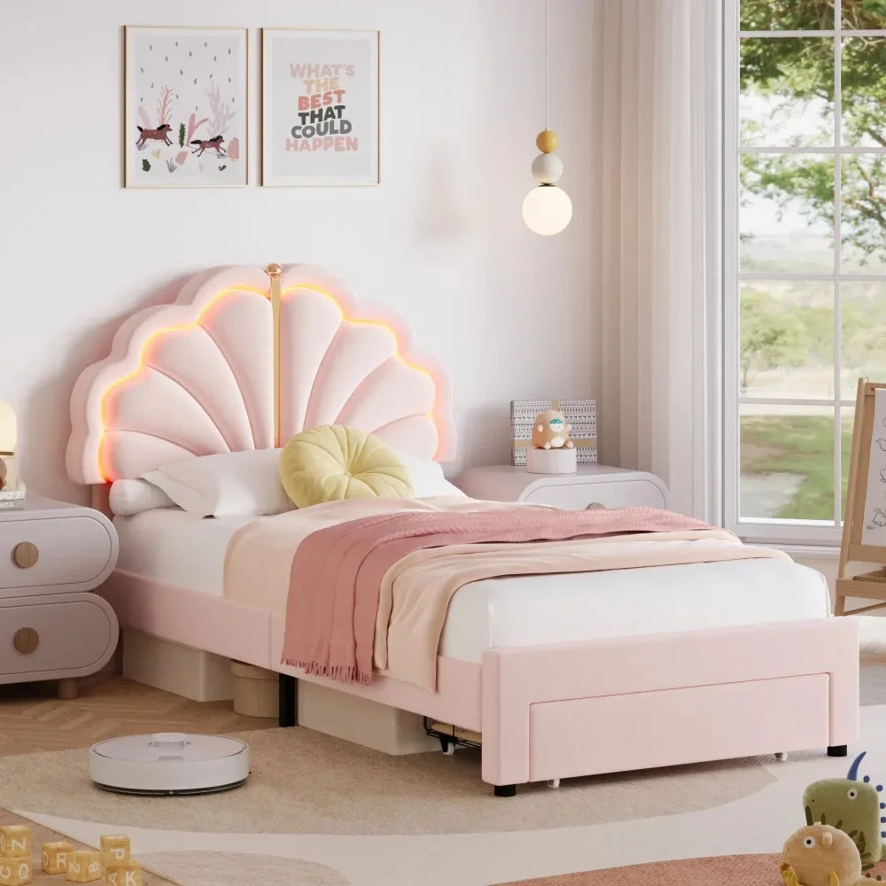 Twin Upholstered LED Kids Bed Frame with Storage Drawers - Ky Ky Kiwi
