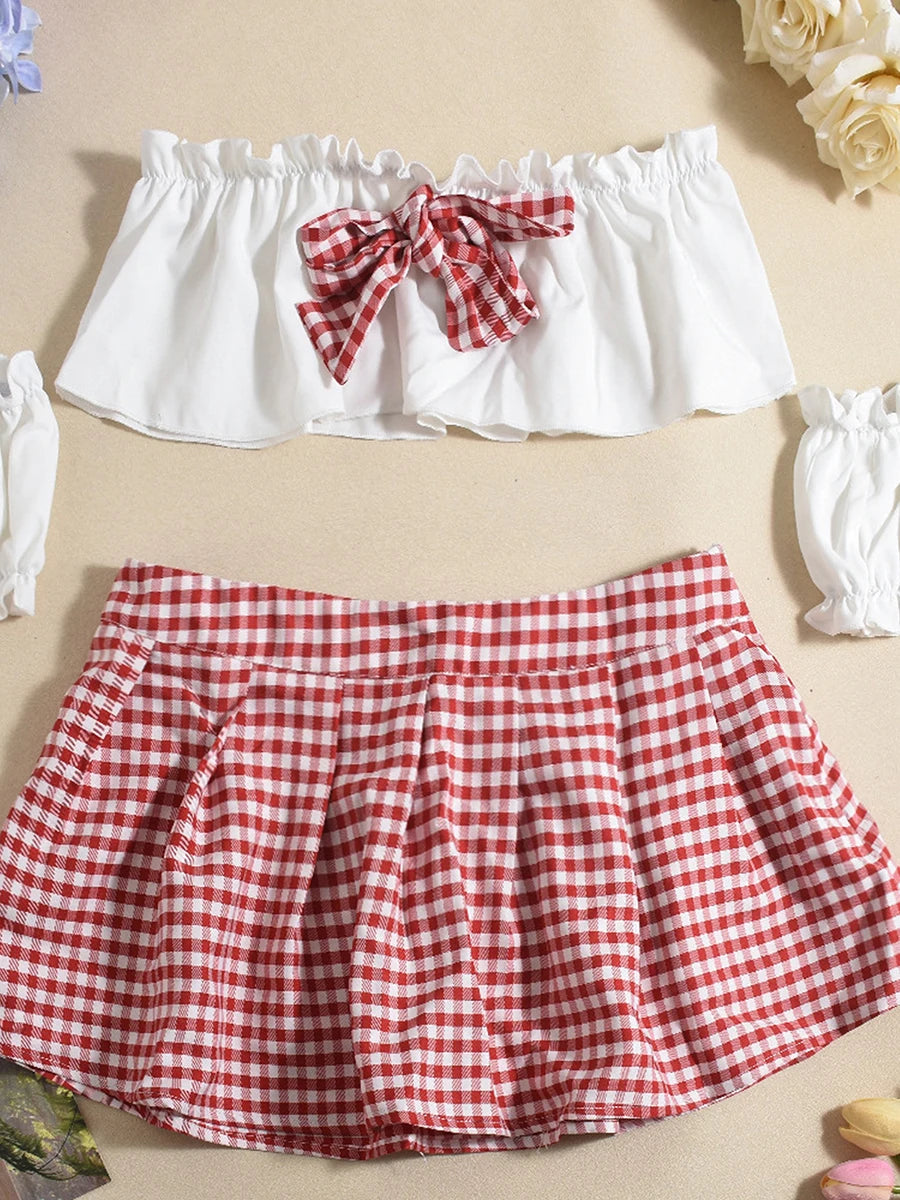 Sexy School Girl Costume Set Bow Strapless Bra Plaid Mini Skirt Arm Sleeves Babydoll Sleepwear Outfit for Women