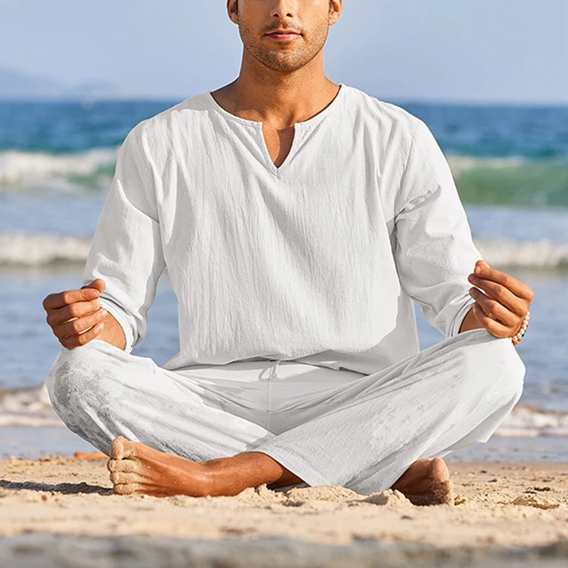 Men's Summer Cotton Linen Henley Shirt and Drawstring Pants Set - Ky Ky Kiwi