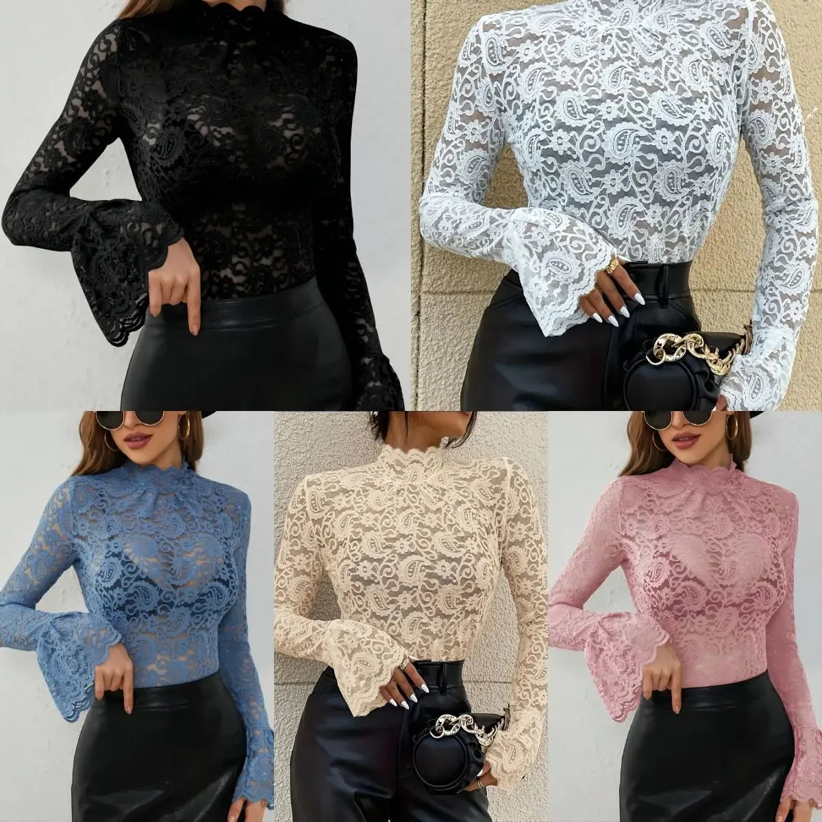 Floral Lace Silk Top with Flared Sleeves for Women - Ky Ky Kiwi