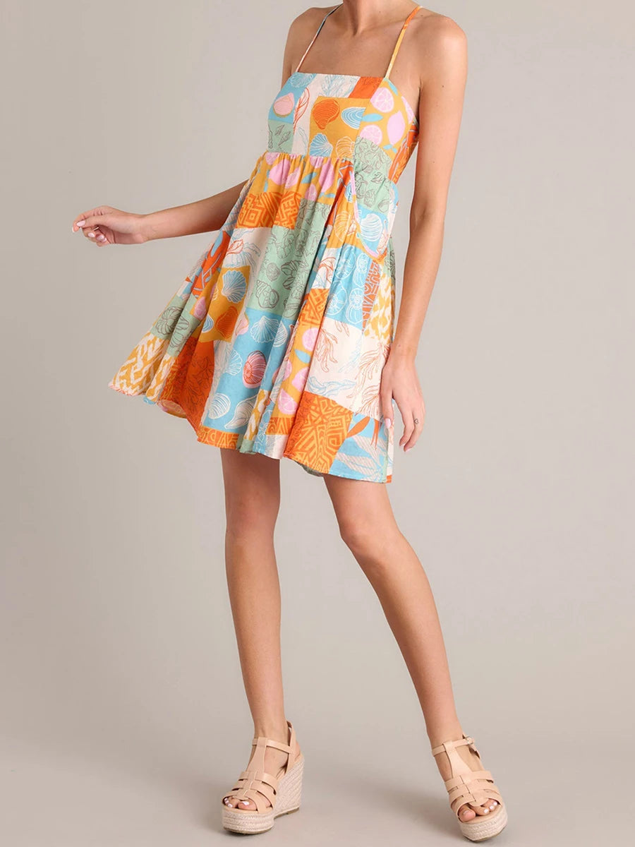 Women s Boho Floral Print Spaghetti Strap Maxi Dress with Open Back and Ruffle Hem for Summer Beach Vacation