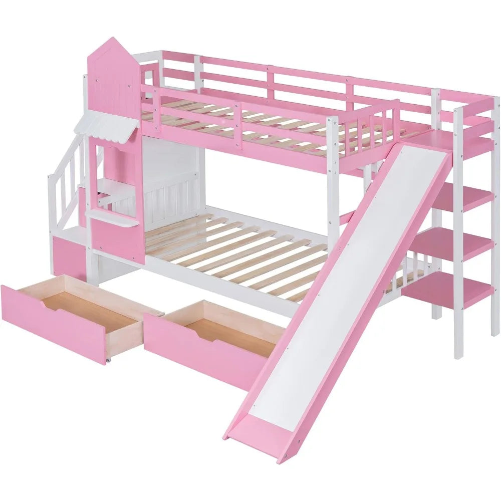 Twin Over Twin Bunk Bed with Storage and Slide Feature - Ky Ky Kiwi