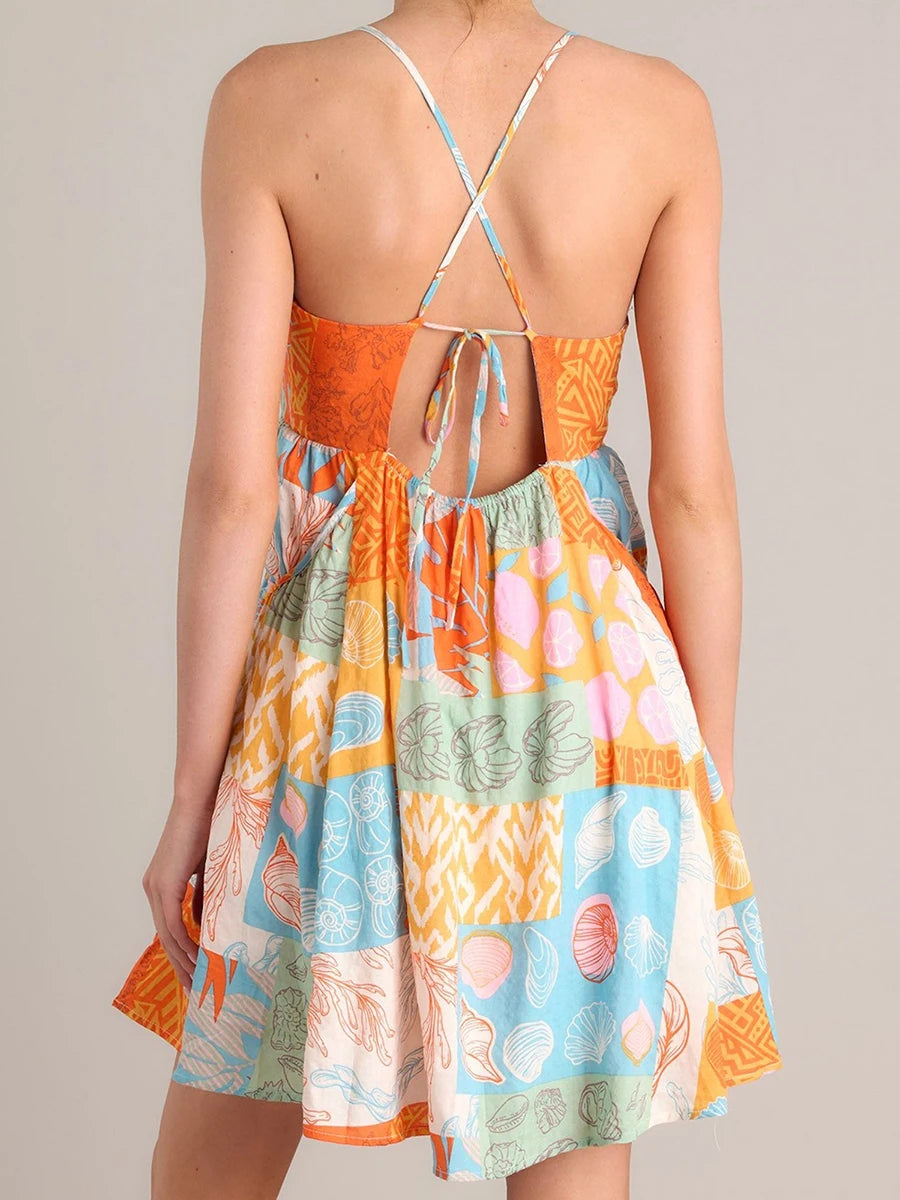Women s Boho Floral Print Spaghetti Strap Maxi Dress with Open Back and Ruffle Hem for Summer Beach Vacation