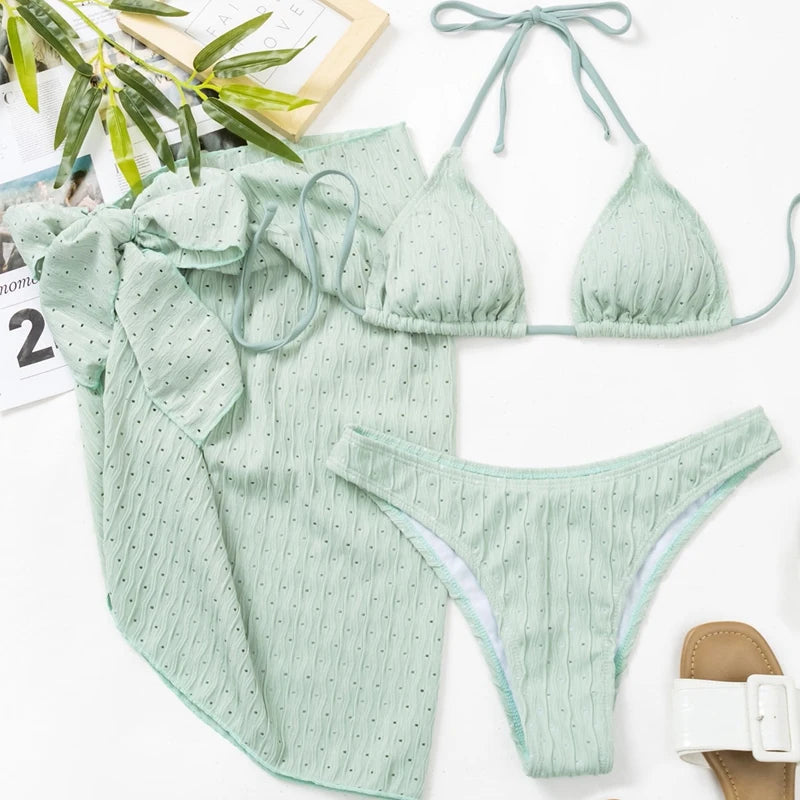 Women Swimwear Set European and American Solid Color Open Back Tie Sexy Bikini Mesh Skirt Three-Pieces Set - Ky Ky Kiwi