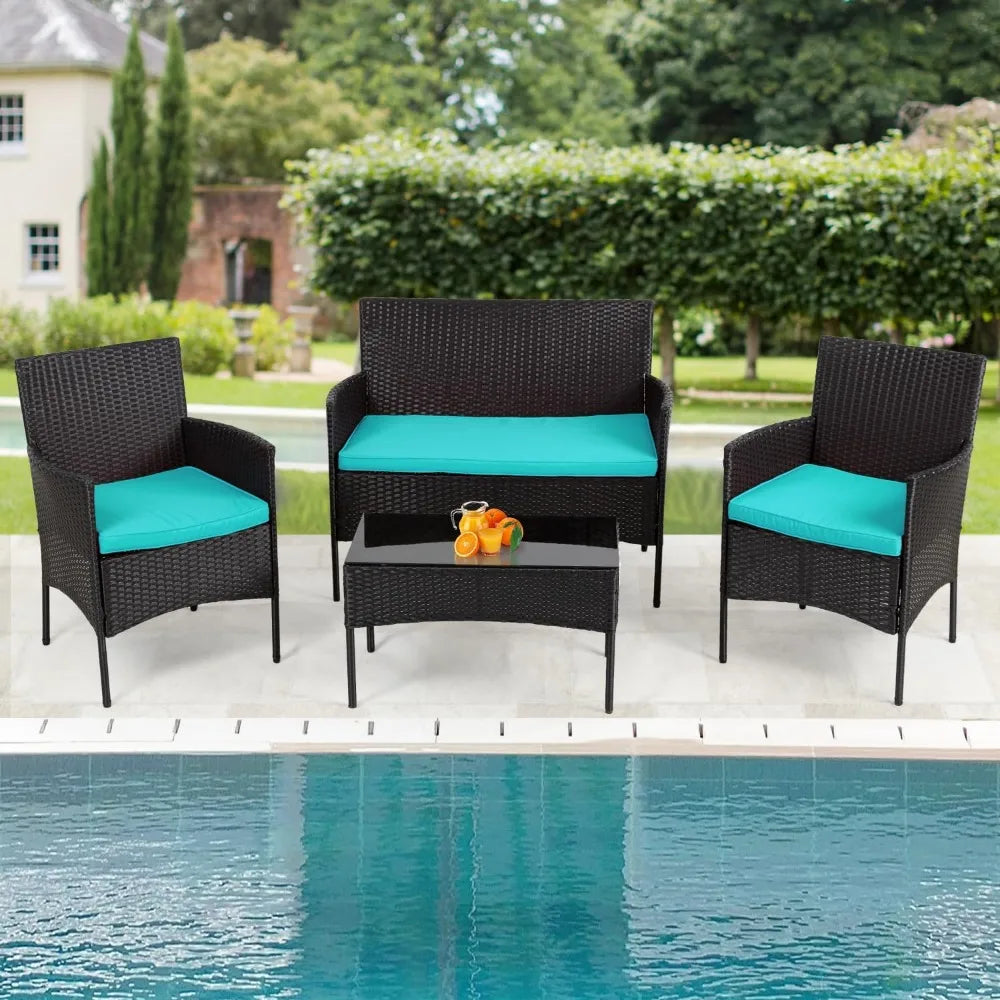 Outdoor Wicker Patio Conversation Set with Cushions and Table - Ky Ky Kiwi