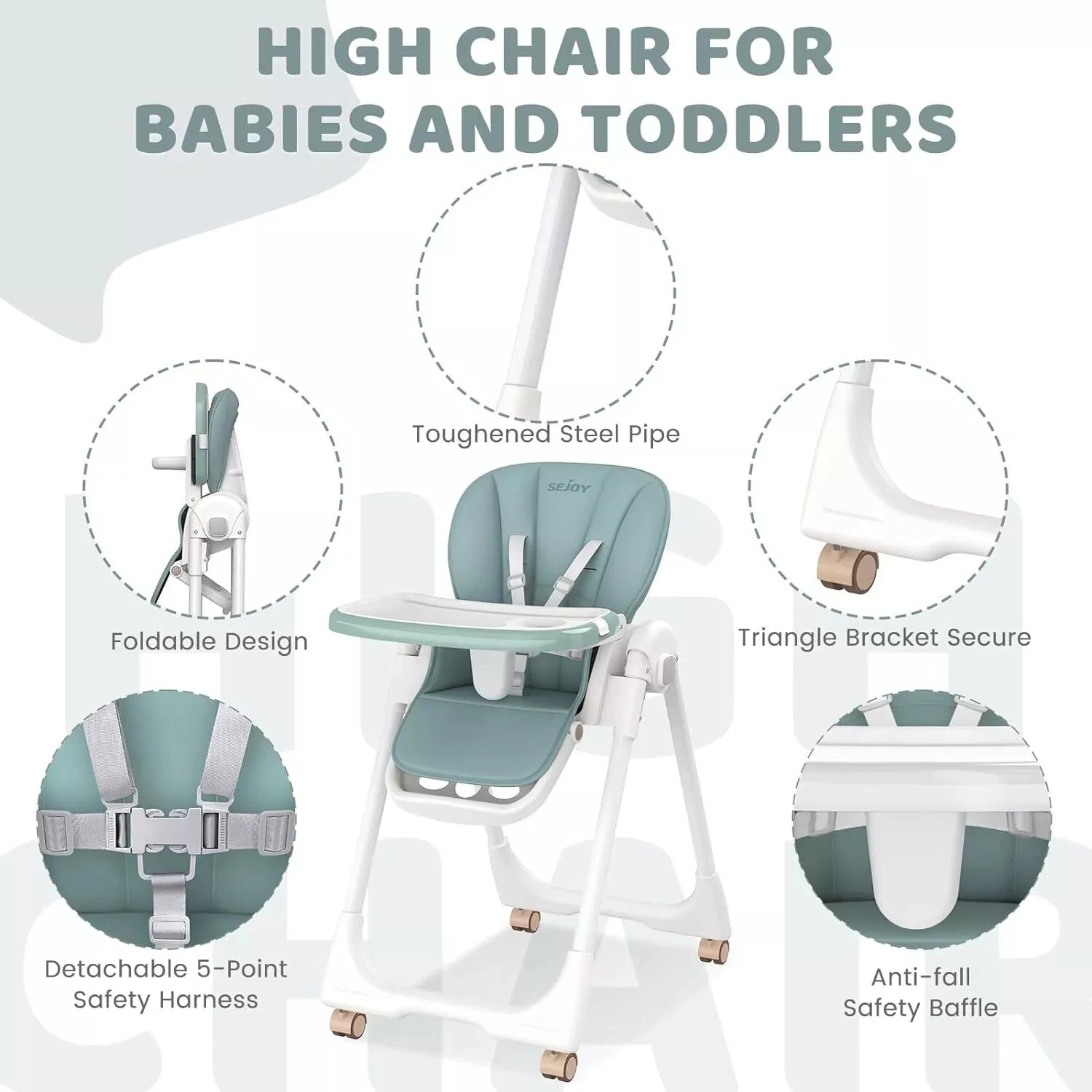 SEJOY Convertible Folding Baby High Chair with Removable Tray - Ky Ky Kiwi