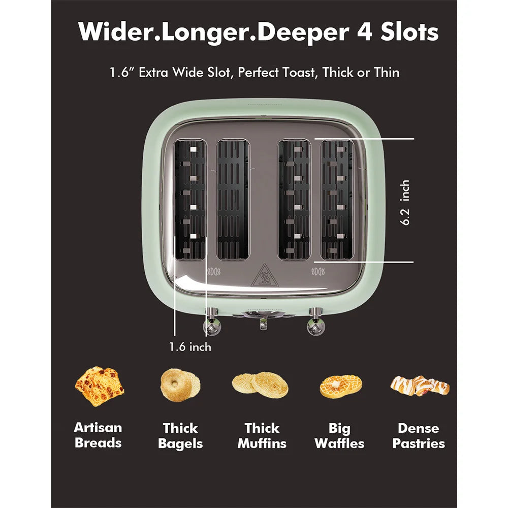 4-Slice Toaster with 1.6" Extra-Wide Slots, 6-Level Browning Control & Bagel/Defrost, Removable Crumb Tray, Auto Shutoff, Green