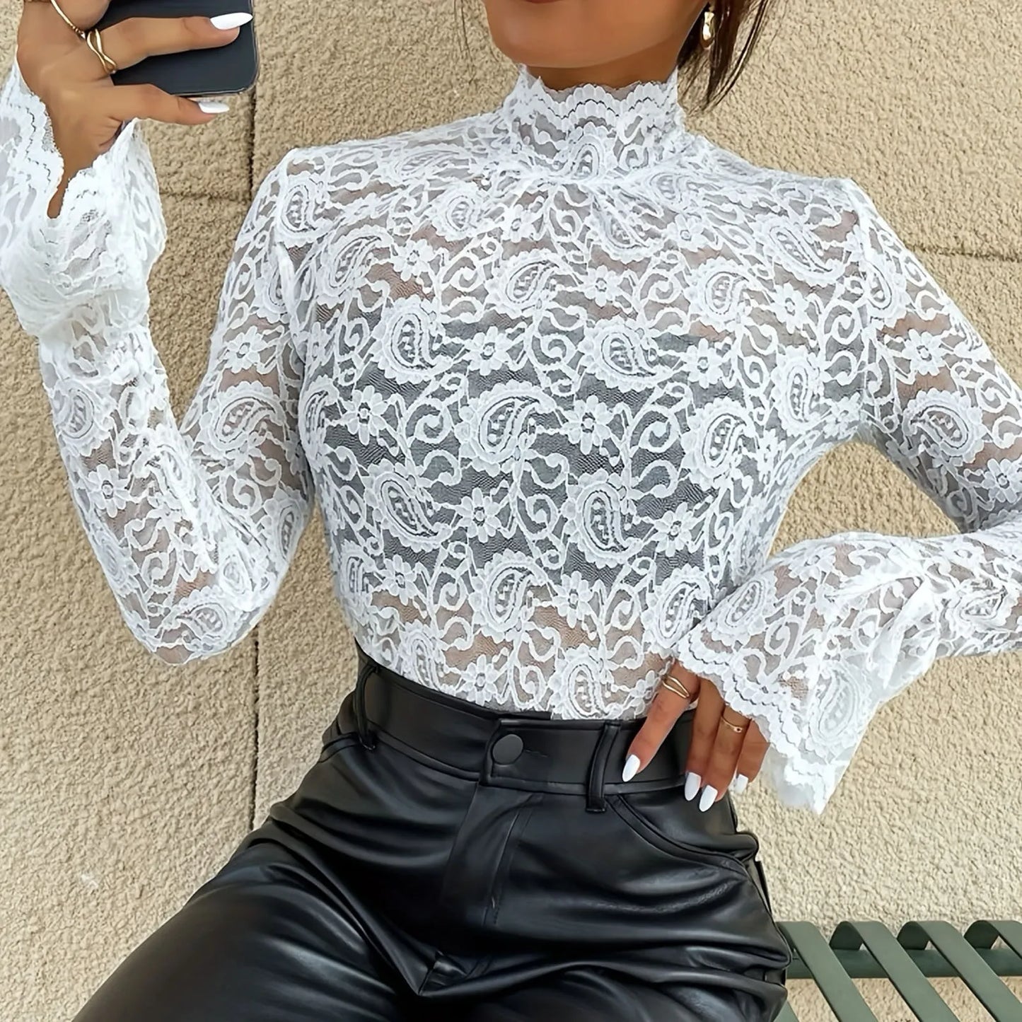 Elegant Flower Lace Turtleneck Blouse for Women Office Wear - Ky Ky Kiwi