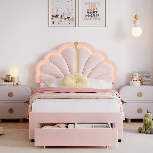 Twin Upholstered LED Kids Bed Frame with Storage Drawers - Ky Ky Kiwi