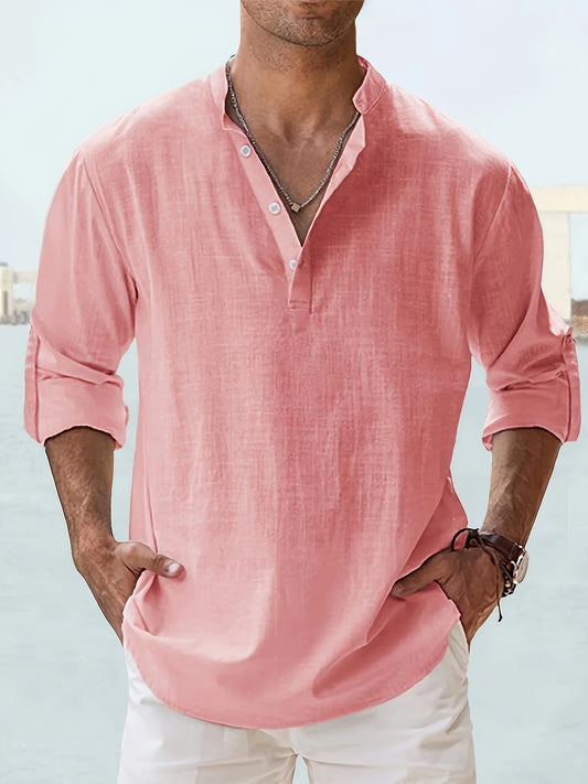 Men's Linen Stand Collar Long Sleeve T-Shirt for Summer - Ky Ky Kiwi