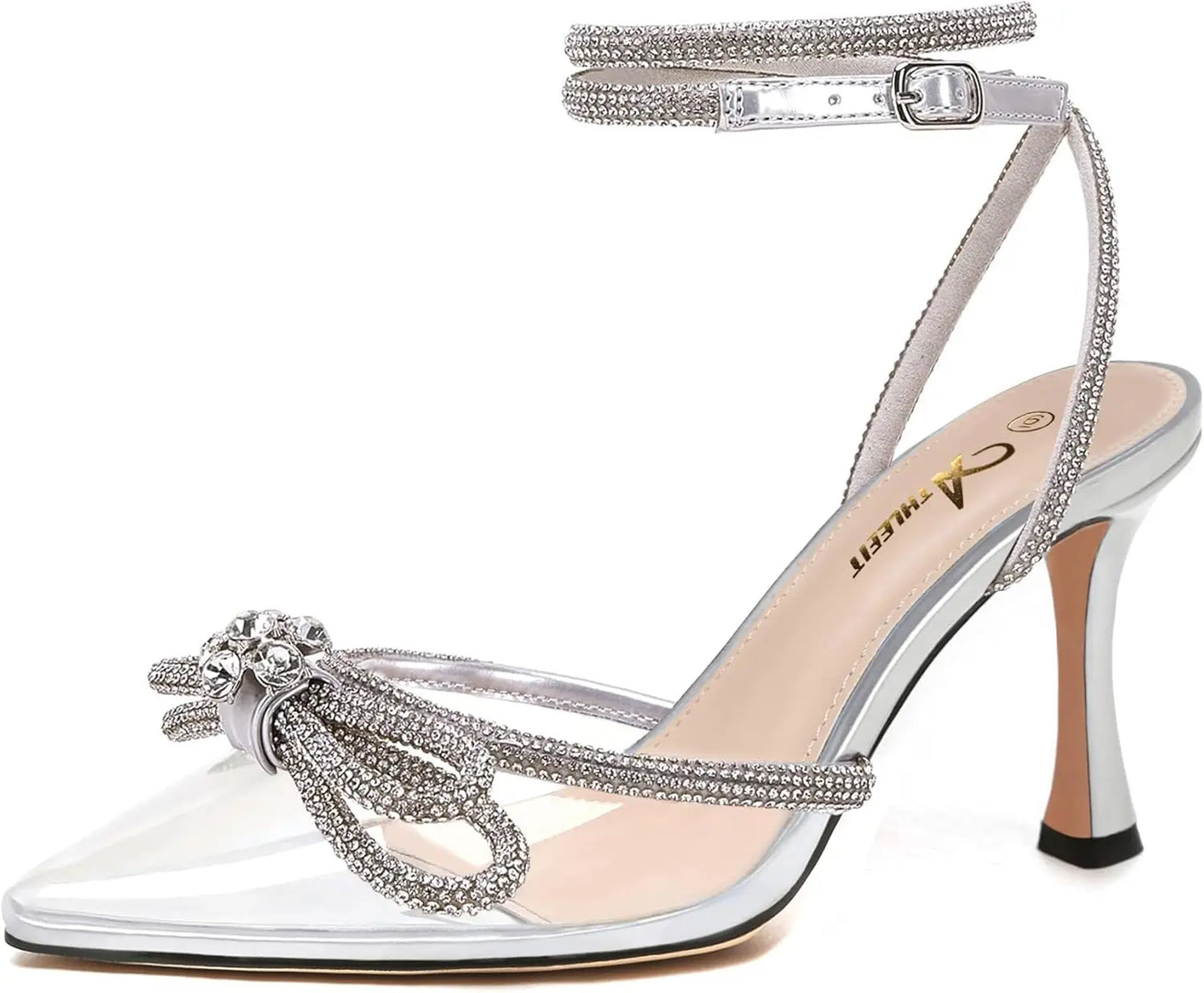 Women's Rhinestone Bow Ankle Strap Stiletto Heels for Weddings - Ky Ky Kiwi