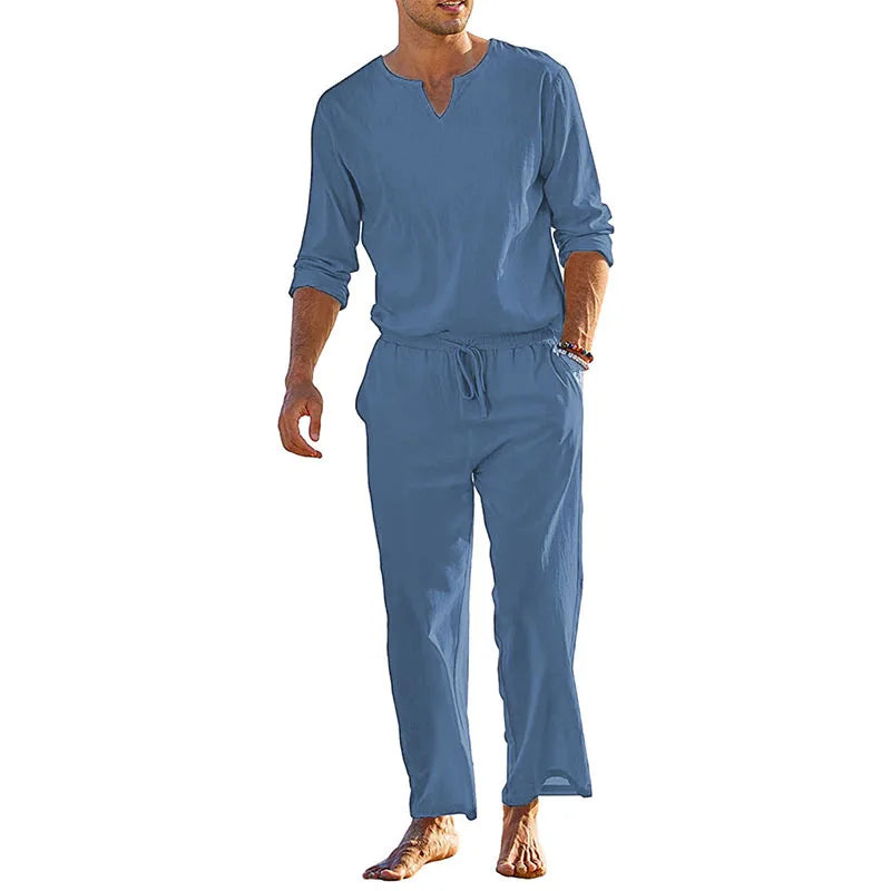 Men's Summer Cotton Linen Henley Shirt and Drawstring Pants Set - Ky Ky Kiwi