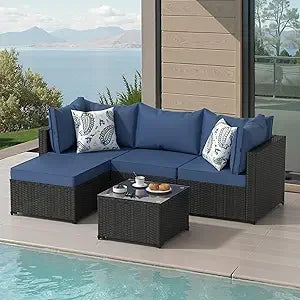 Modern 5 Piece Wicker Patio Furniture Set with Ottoman - Ky Ky Kiwi
