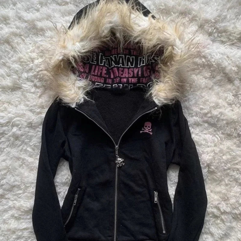 Hooded Fur Collar Long Sleeve Jacket for Trendy Style - Ky Ky Kiwi