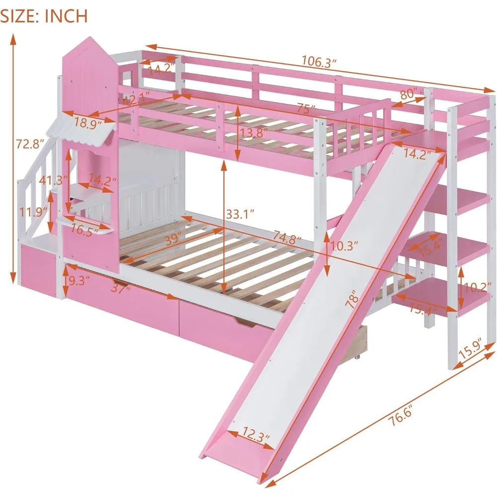 Twin Over Twin Bunk Bed with Storage and Slide Feature - Ky Ky Kiwi