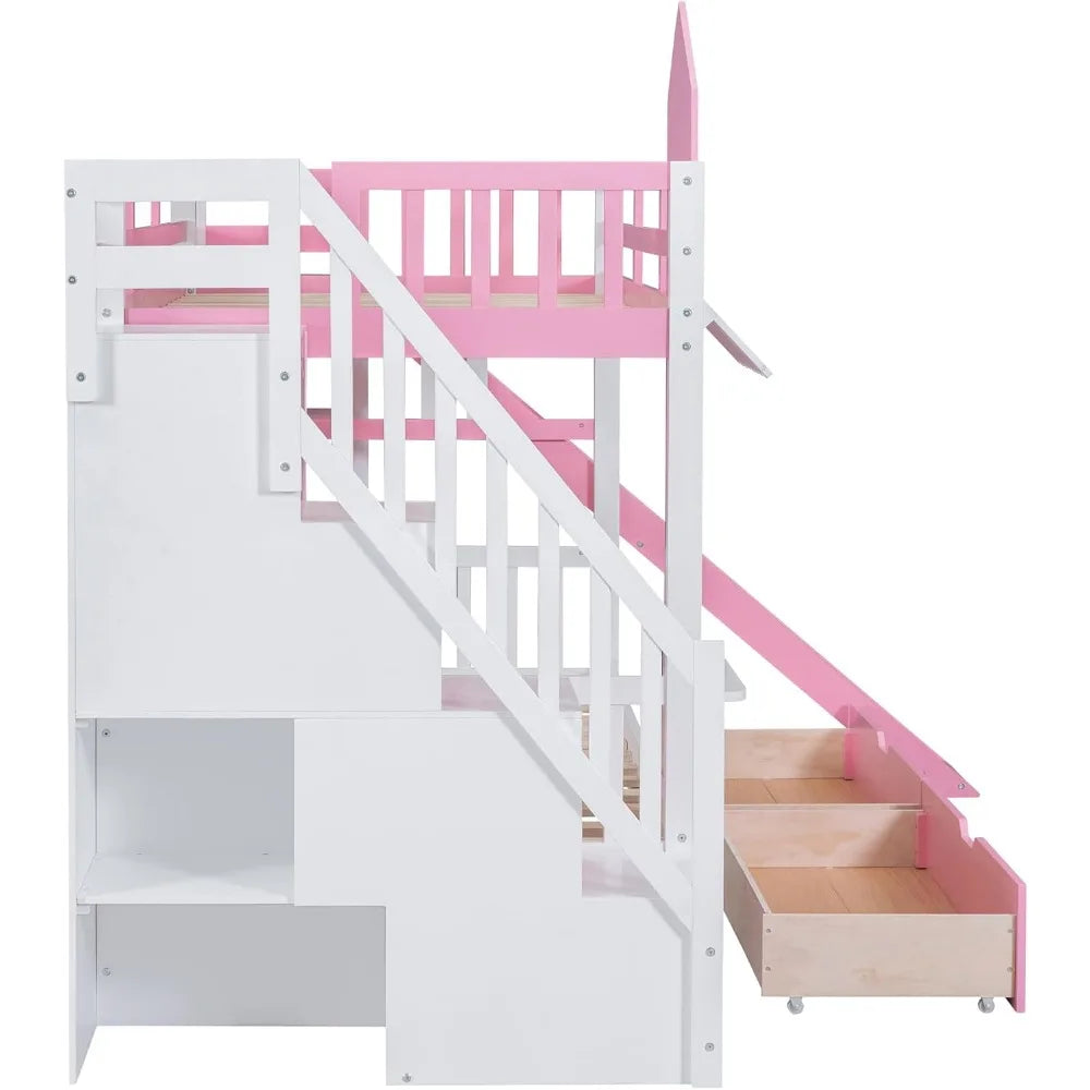 Twin Over Twin Bunk Bed with Storage and Slide Feature - Ky Ky Kiwi