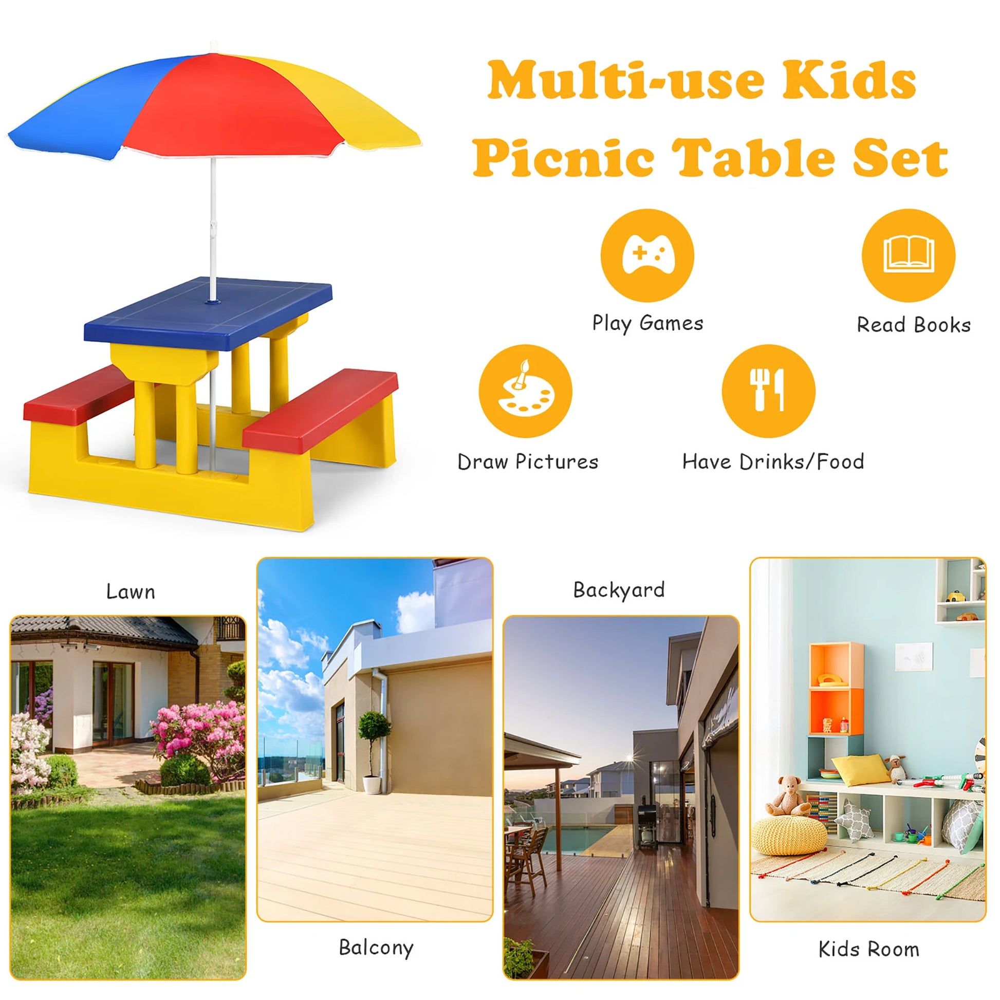 Kids Picnic Table Set with Removable Umbrella for Fun Playtime - Ky Ky Kiwi