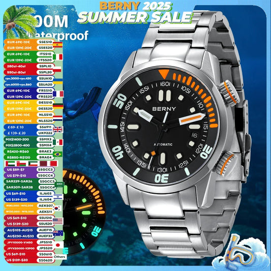 BERNY Automatic Dive Watch for Men Super Luminous Original Design 20ATM Diver Wristwatch Sapphire, Local Warehouse Fast Delivery
