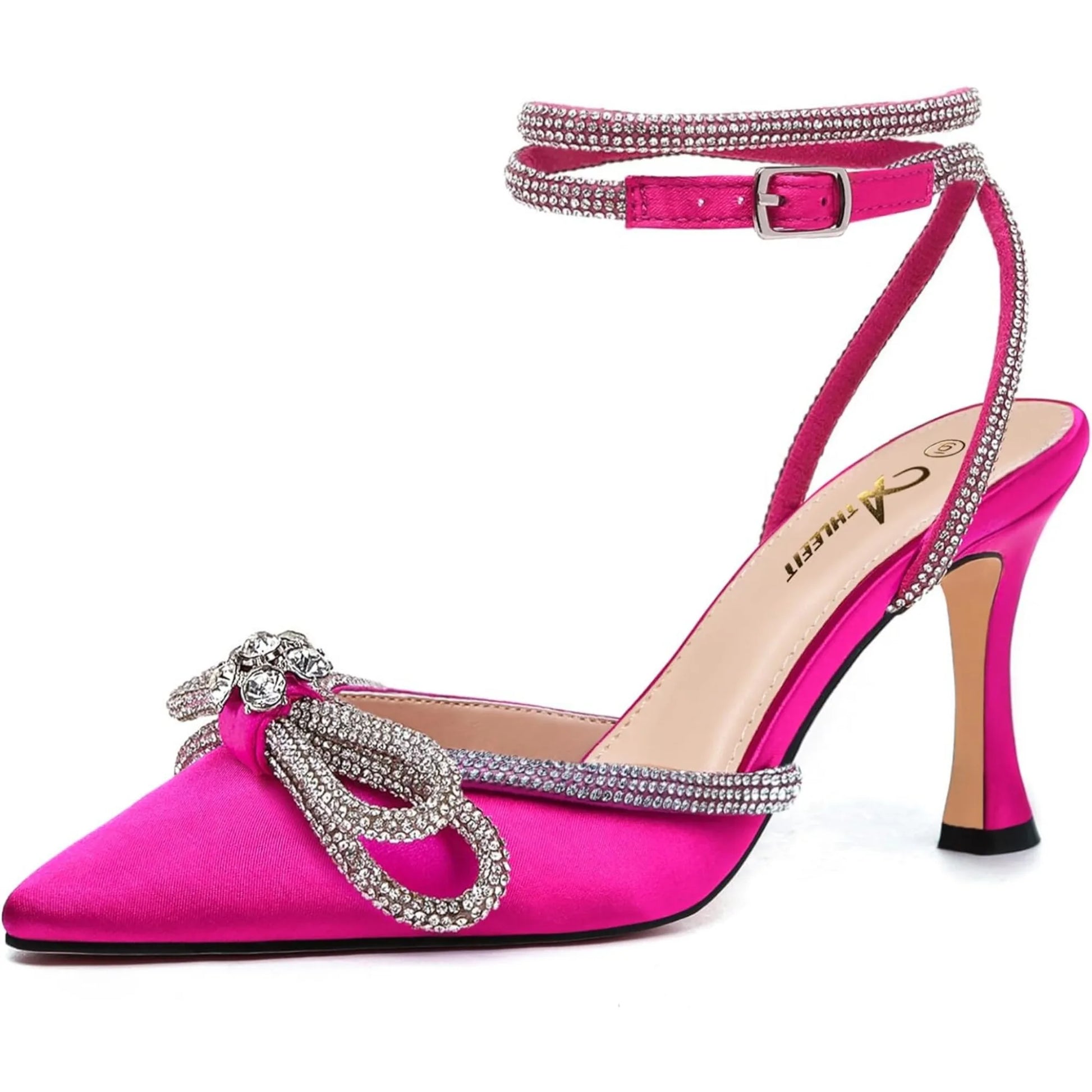 Women's Rhinestone Bow Ankle Strap Stiletto Heels for Weddings - Ky Ky Kiwi