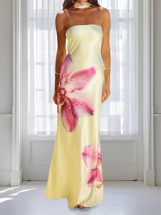 Elegant Off-Shoulder Maxi Dress with Floral Print and Matching Shawl Women s Sleeveless Summer Gown for Special Occasions