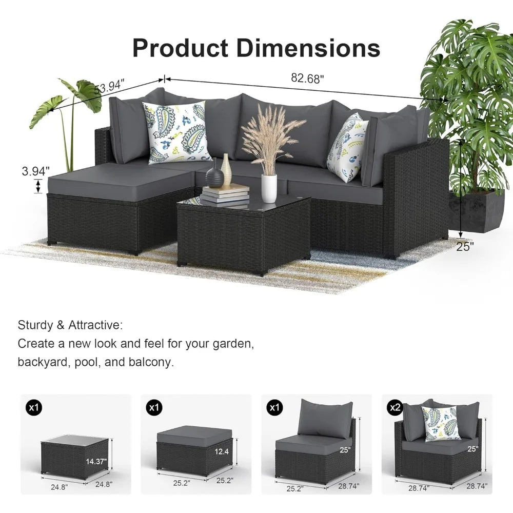 Modern 5 Piece Wicker Patio Furniture Set with Ottoman - Ky Ky Kiwi