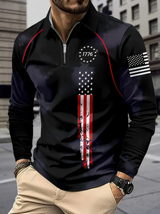 Men's American Flag Print Golf and Tennis Quarter Zip Shirt - Ky Ky Kiwi