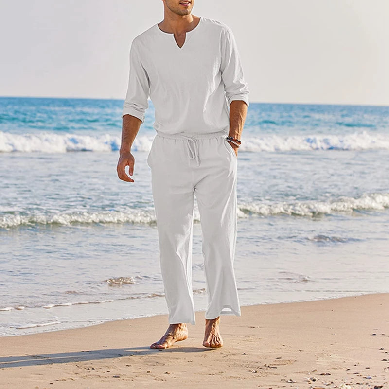Men's Summer Cotton Linen Henley Shirt and Drawstring Pants Set - Ky Ky Kiwi