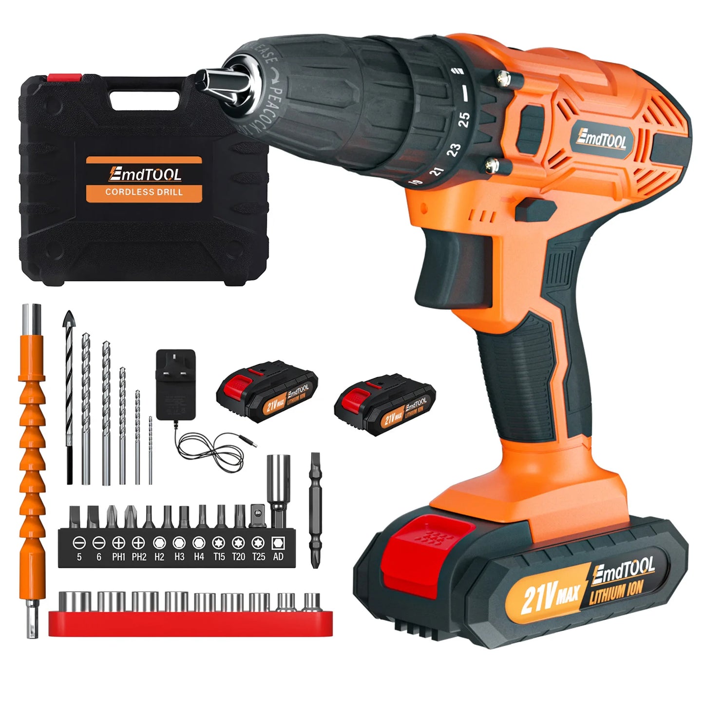 DayPlus 21V Cordless Power Drill, 3/8" Handheld Screwdriver Drill Set with 25+1 Torque Setting,1.5AH Li-ion Battery&Fast Charger