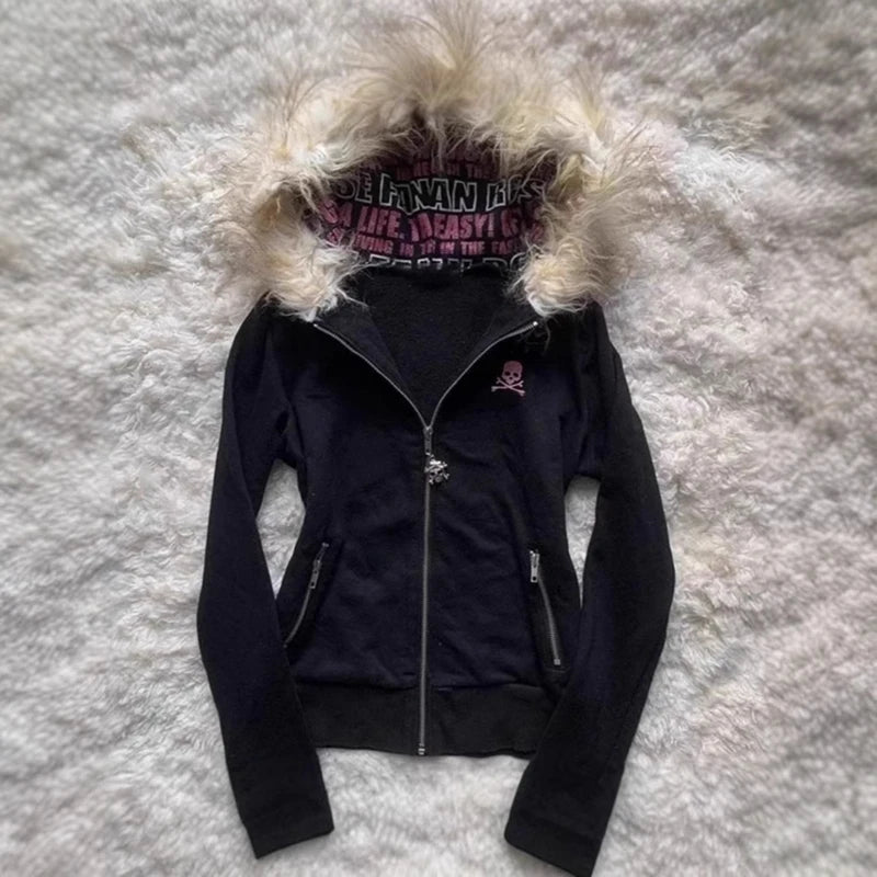 Hooded Fur Collar Long Sleeve Jacket for Trendy Style - Ky Ky Kiwi
