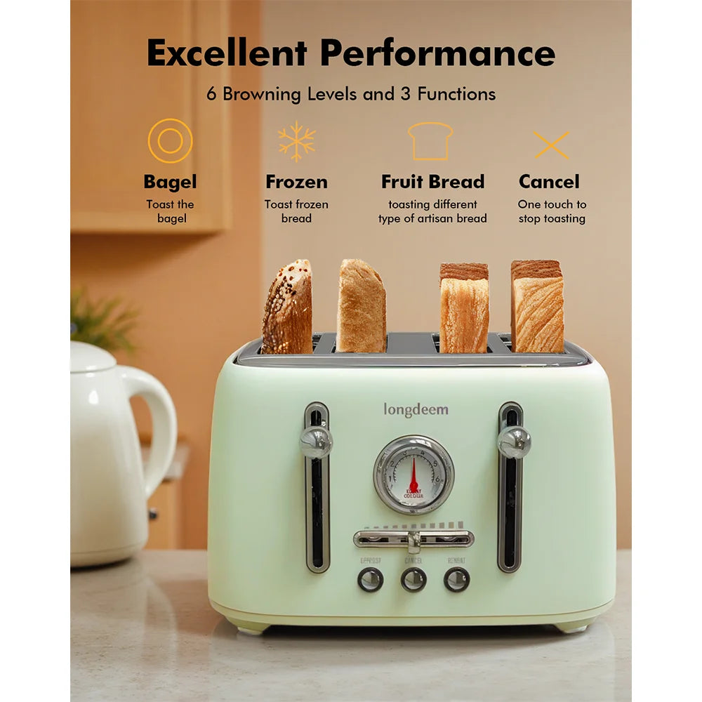 4-Slice Toaster with 1.6" Extra-Wide Slots, 6-Level Browning Control & Bagel/Defrost, Removable Crumb Tray, Auto Shutoff, Green