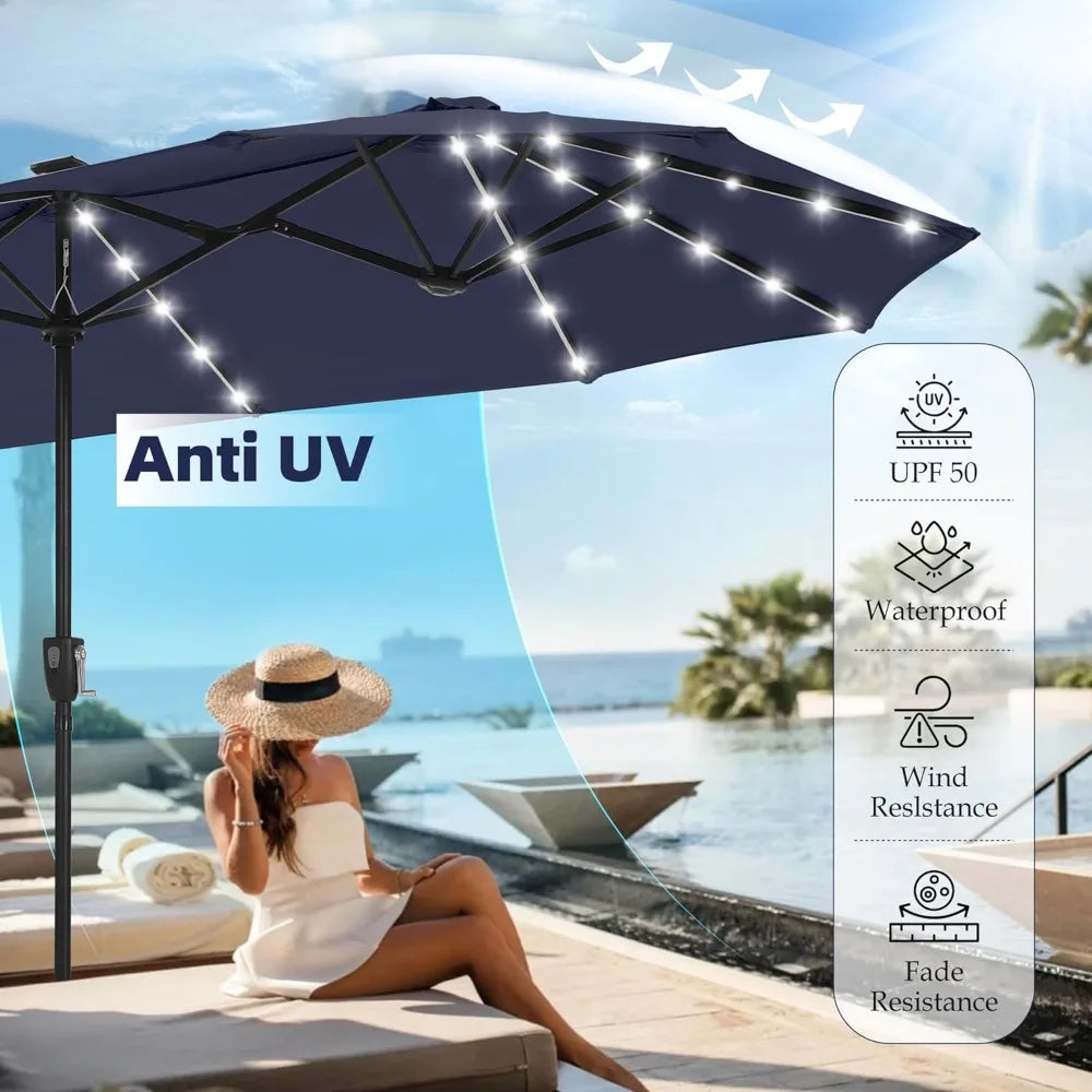 Double-Sided Patio Umbrella with Solar Lights for Outdoor Enjoyment - Ky Ky Kiwi