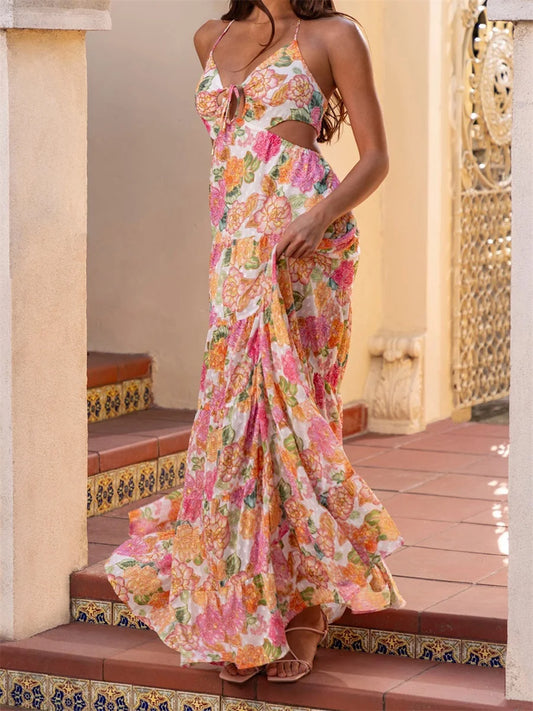 Elegant Maxi Dress with V-Neckline and Ruffle Detailing Boho Chic Sleeveless Floral Print Summer Dress for Women