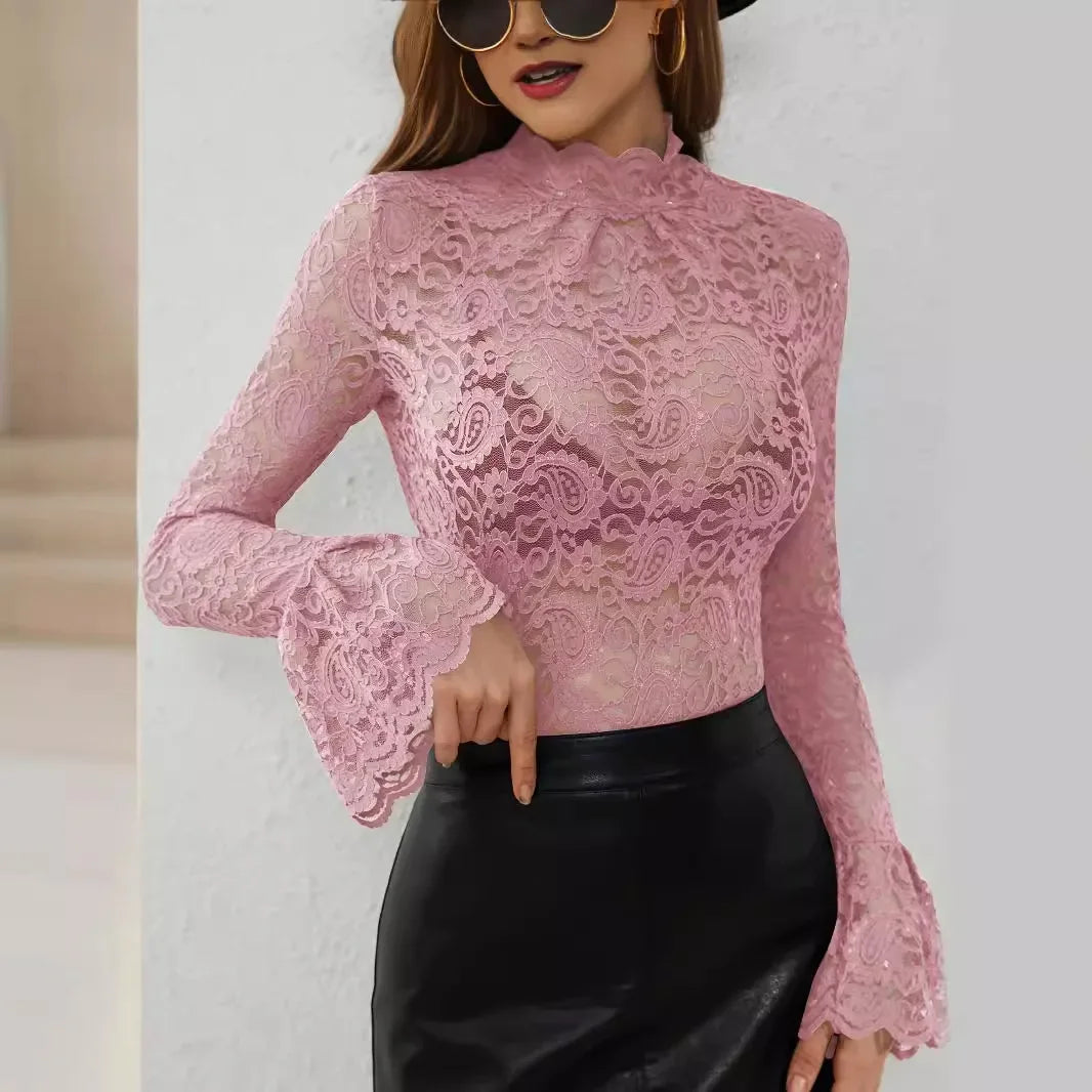 Floral Lace Silk Top with Flared Sleeves for Women - Ky Ky Kiwi