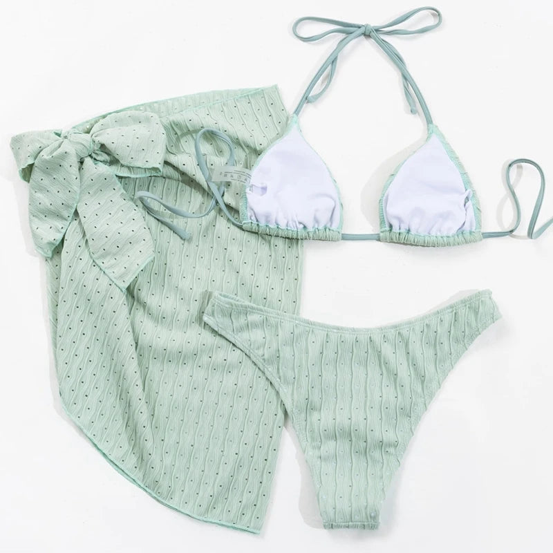 Women Swimwear Set European and American Solid Color Open Back Tie Sexy Bikini Mesh Skirt Three-Pieces Set - Ky Ky Kiwi